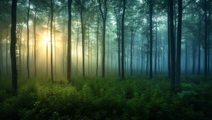 Mystical foggy forest at sunrise with sunbeams piercing through trees. Atmospheric woodland scenery...