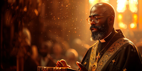 African American priest praying with passion during a church service.