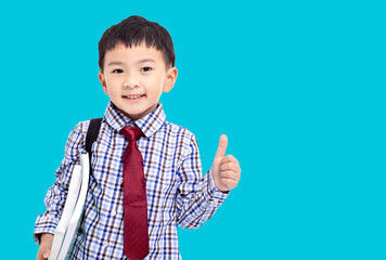 Back to school. Schoolboy  student  showing the thumbs up