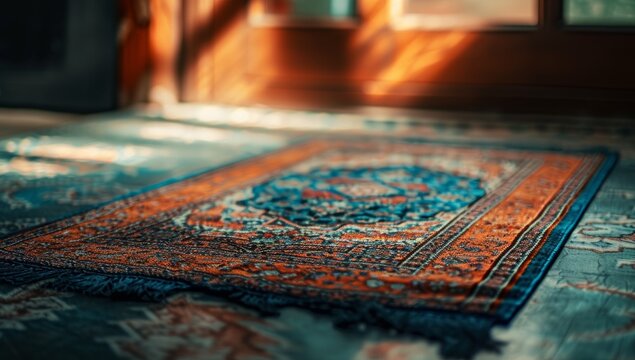 Ornate vintage Persian rug with intricate patterns in warm tones on wooden floor. Concept of timeless Middle Eastern textile art and craftsmanship.