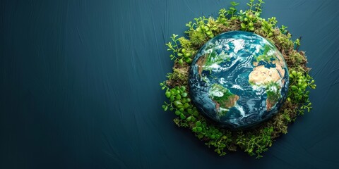 Earth planet surrounded by lush green foliage, environmental conservation concept. Global ecology and sustainable living on a healthy vibrant world. - obrazy, fototapety, plakaty