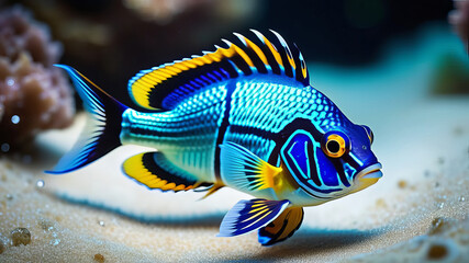 Exotic blue and orange fish in an aquarium, Synchiropus splendidus, mandarinfish in a tank with coral