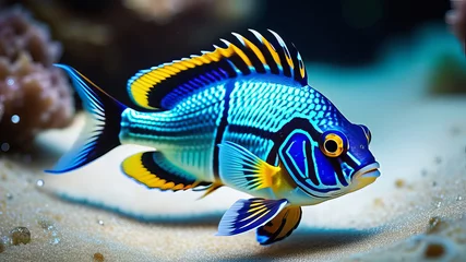 Fotobehang Exotic blue and orange fish in an aquarium, Synchiropus splendidus, mandarinfish in a tank with coral © Александр Ткачук