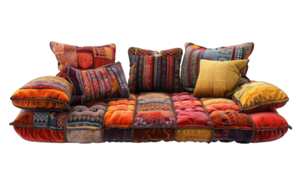 Eclectic Bohemian Floor Sofa with Vibrant Patchwork and Plush Pillows on White Background - Isolated, Cut Out Image