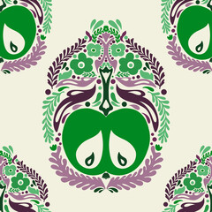 Apple. Folk Art Print Scandinavian Art Print Norwegian Wall Art Boho Wall Art Modern Cozy Slavic Ukrainian Folk Print Hugge. Seamless pattern.