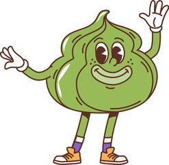 Cartoon japanese wasabi sauce groovy character. Isolated vector vibrant green swirl, japan spicy condiment for asian food, lively wasabi personage exudes zesty charm with its comic hippie appearance