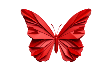 Scarlet Elegance: A Vibrant Red Origami Butterfly Dancing on a Pure White Canvas. On a White or Clear Surface PNG Transparent Background.