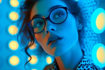 Stylish woman in glasses with polka dot shirt standing in front of vibrant blue light background