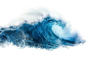 Translucent blue ocean wave with white foam crest isolated on white background, water splash cutout element