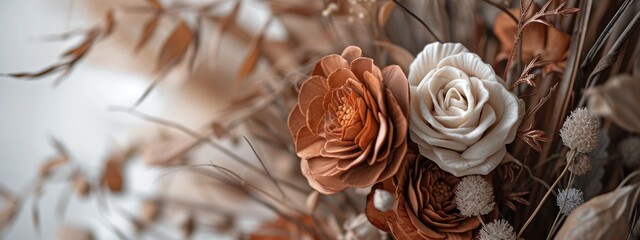 Bouquet of dried flowers. Nature background. Floral banner in brown and beige colors, close up.