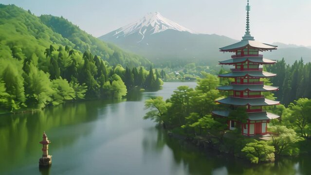 japan temple with river landscape. 4k video animation