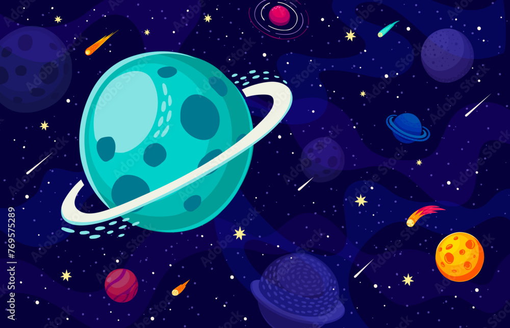 Poster cartoon galaxy space landscape with saturn planet and stars in the dark, deep universe. vector cosmi
