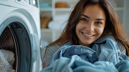 Cheerful female loading clothes into a washer with a bright background. - obrazy, fototapety, plakaty
