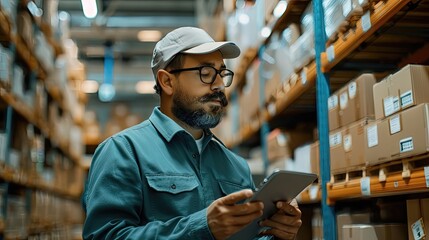 A bearded warehouse worker with glasses checking a handheld device.