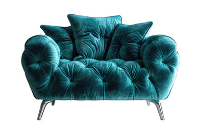 Modern Teal Velvet Armchair with Chrome Legs and Two Cushions Isolated on White Background - Contemporary Furniture Design
