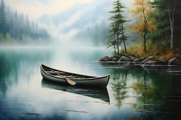 Peaceful Canoe on a Calm Lake Painting. generative ai - obrazy, fototapety, plakaty