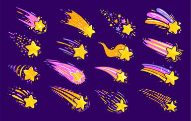 Cartoon shooting space stars with trails, falling galaxy comets and meteors silhouettes. Vector set of bright, colorful cosmic meteorites with traces. Magical streaks of light and energy in motion