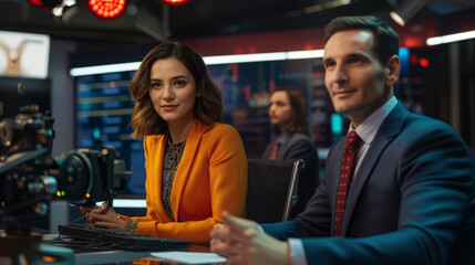 Broadcasters address news topics in a modern television studio set, hosting live talk show to present latest scandals. News anchor team introducing entertainment segment on tv network. - obrazy, fototapety, plakaty