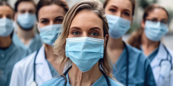 A Group Of Medical Professionals Wearing Face Masks During A Pandemic. 