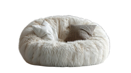 Fluffy White Sheepskin Bean Bag Chair with 2 Cushions - Comfy and Fun Seating Option for a Cozy Vibe! (Isolated on White Background)