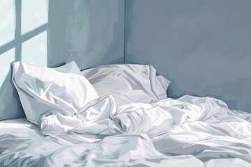 Messy bed with crumpled white sheets and pillows, minimalist background, digital illustration