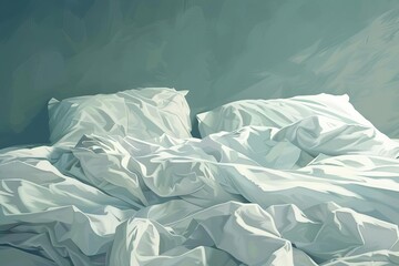 Messy bed with crumpled white sheets and pillows, minimalist background, digital illustration - obrazy, fototapety, plakaty