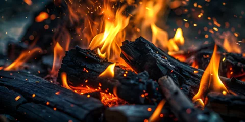 Wandaufkleber Black ember lights fire charcoal abstract background texture © misho