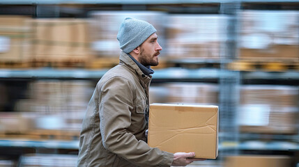 Worker carrying a package with motion blur in warehouse aisle.