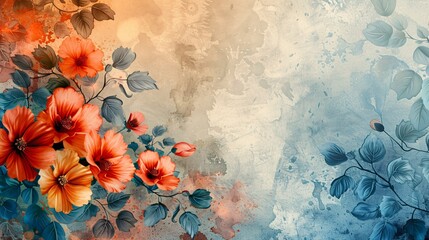 a textured flowery background with a dusky palette featuring terracotta, peach, pale blue, and cobalt blue hues. Include ample text copy space