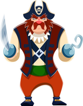 Cartoon pirate sailor character with hook. Isolated vector sea captain corsair, swashbuckling personage with rugged beard and red nose, holding saber, ready for high-seas adventures and treasure hunts