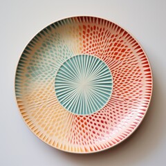 Decorative ceramic painted plate, handmade, isolated, closeup top view.