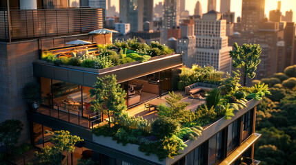 Skyline Sanctuaries: Vibrant Rooftop Gardens Enlivening Urban Spaces with Greenery and Serene Settings - obrazy, fototapety, plakaty