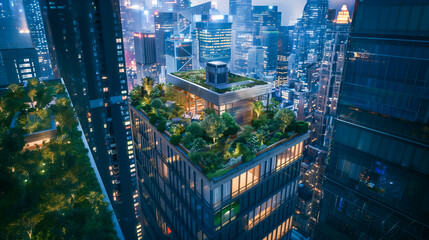 City Rooftop Gardens Green rooftop gardens atop urban buildings, showcasing lush vegetation, seating areas, and skyline views