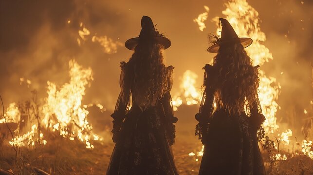 Coven of witches, two woman as witches or necromancer meet Walpurgis night. Coven witches on Halloween near bonfire. Woman in black clothes and hats making witchcraft at the Sabbath. 30'th April.