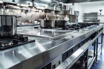 Modern professional stainless steel kitchen counter and equipment in restaurant or catering service, interior view