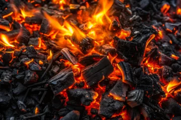 Zelfklevend Fotobehang Black ember lights fire charcoal abstract background texture © misho