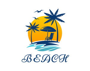 Tropical summer beach logo icon with palm trees, umbrella and daybed at seaside with sun and flying gulls. Isolated vector emblem for summer travel, vacation or holiday spare time with paradise island