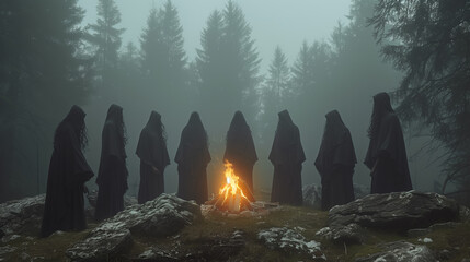 Coven of witches, a group of people as witches or necromancer meet Walpurgis night. Coven witches on Halloween. The persons in black clothes and hoodies making witchcraft at the Sabbath. 30'th April. - obrazy, fototapety, plakaty