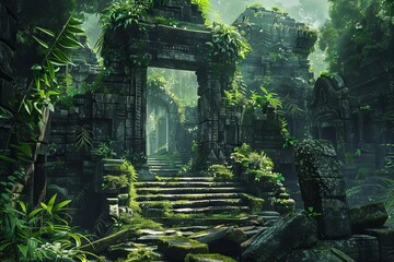 Mysterious ancient ruins in a dense jungle, digital adventure concept art - obrazy, fototapety, plakaty
