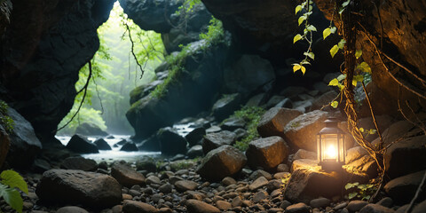 Mysterious cave in a forest. Illuminated only by a small lamp.