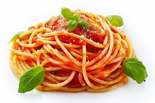 Pasta al Pomodoro, Spaghetti with Tomato Sauce, Top and Side View, Isolated on White, Italian Cuisine Photo