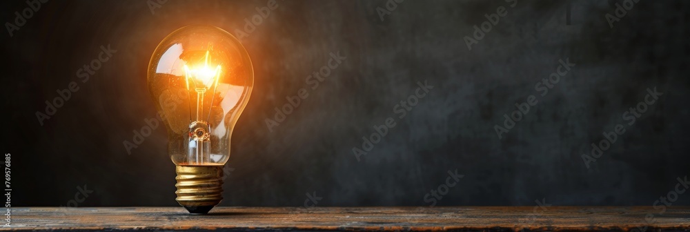 Poster glowing light bulb on block with text space on solid color background for creative concepts