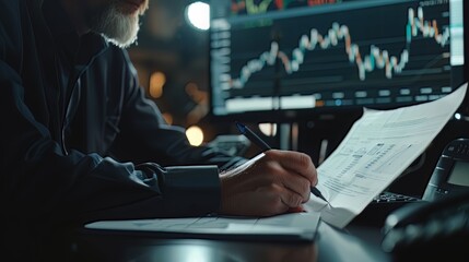 A close-up view depicts a businessman holding a paper and drawing stock charts, accompanied by a digital business interface, underscoring the essence of business and trade 
