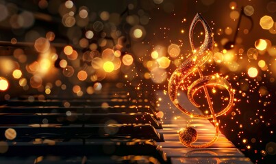 Glowing music sheets notes on beautiful lights bokeh background with piano