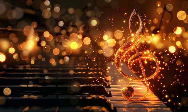 Glowing music sheets notes on beautiful lights bokeh background with piano