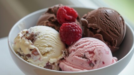 A Bowl of Ice Cream With Raspberries and Chocolate