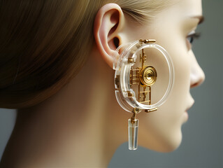 Girl wears jewelry electronic earrings in Tech-minimalism style. Designed by artificial intelligence.