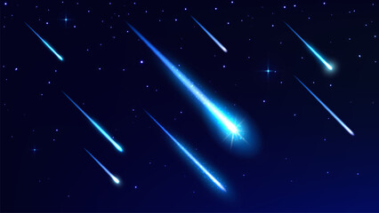 Realistic comets and asteroids, shooting space stars with trails in sky. 3d vector bolides with blue luminous traces streak across night heaven. Cosmic fireball, meteor, meteorites in galaxy or cosmos - obrazy, fototapety, plakaty