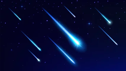 Tapeten Realistic comets and asteroids, shooting space stars with trails in sky. 3d vector bolides with blue luminous traces streak across night heaven. Cosmic fireball, meteor, meteorites in galaxy or cosmos © Vector Tradition