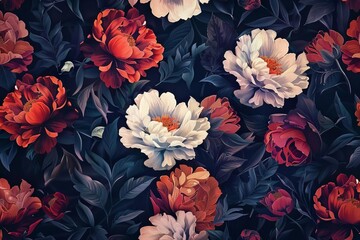 Rich baroque floral pattern with deep colored peonies on dark background, vintage style